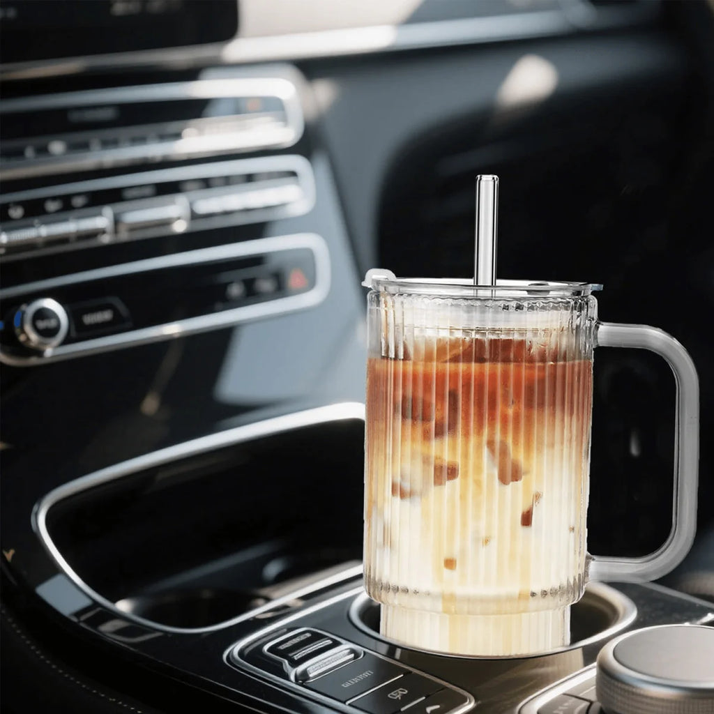 Ribbed Glass Tumbler with Handle & Lid, Large Capacity Iced Coffee Cups with Straws, Glass Mugs for Hot and Cold Drinks, Reusable
