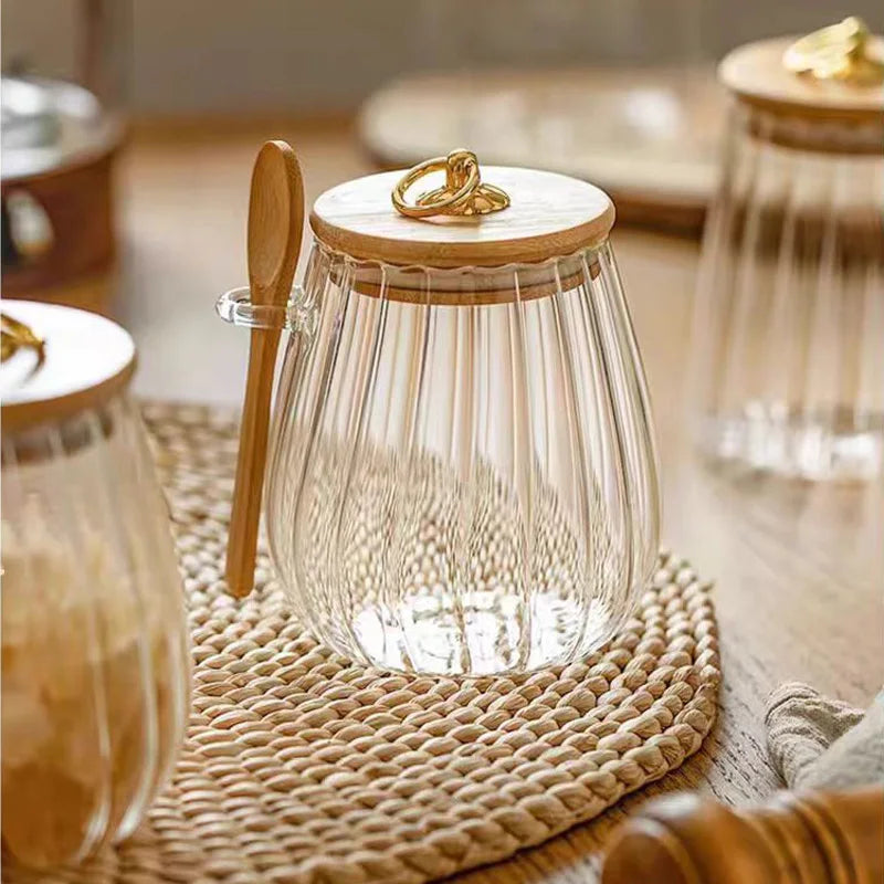 1pc Food Containers Kitchen Storage Pots Glass Jar with Lid Spoon Sealed Canister Sugar Tea Cans Hermetic Coffee Beans Bottles