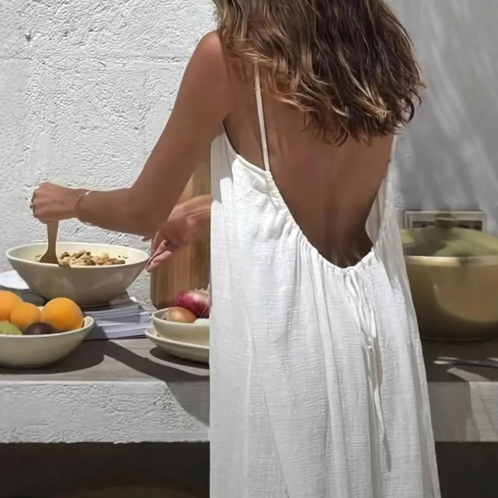 Women's Strappy Lounge Dress Open Back Maxi Length With Relaxed Fit Comfortable Home Wear Vacation Long Sundress With Back Tie