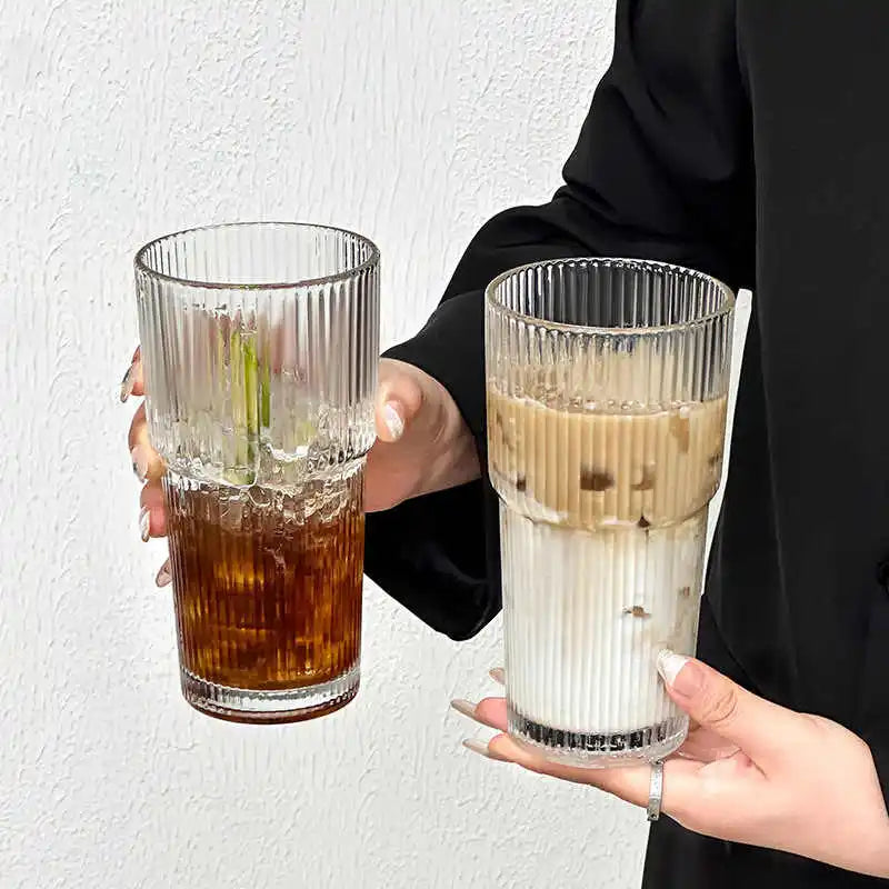 Large Capacity  Stripe Glass Coffee Cup With Lid Cover Straw Transparent Drinking Glasses For Juice Iced Coffee Mugs Drinkware