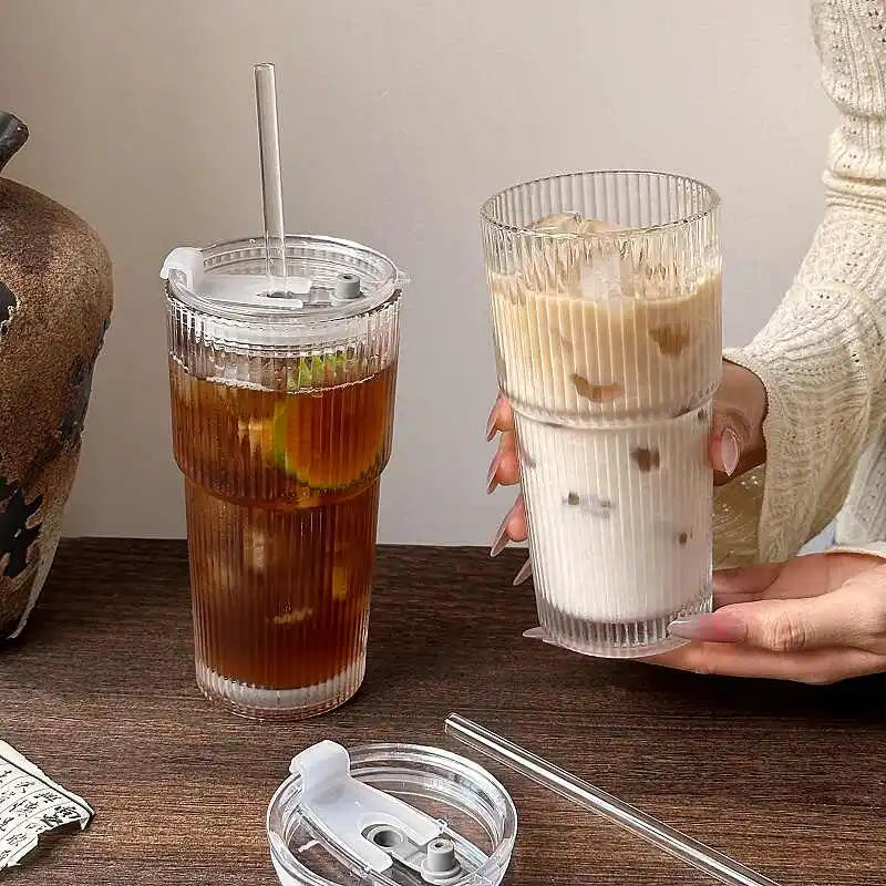Large Capacity  Stripe Glass Coffee Cup With Lid Cover Straw Transparent Drinking Glasses For Juice Iced Coffee Mugs Drinkware