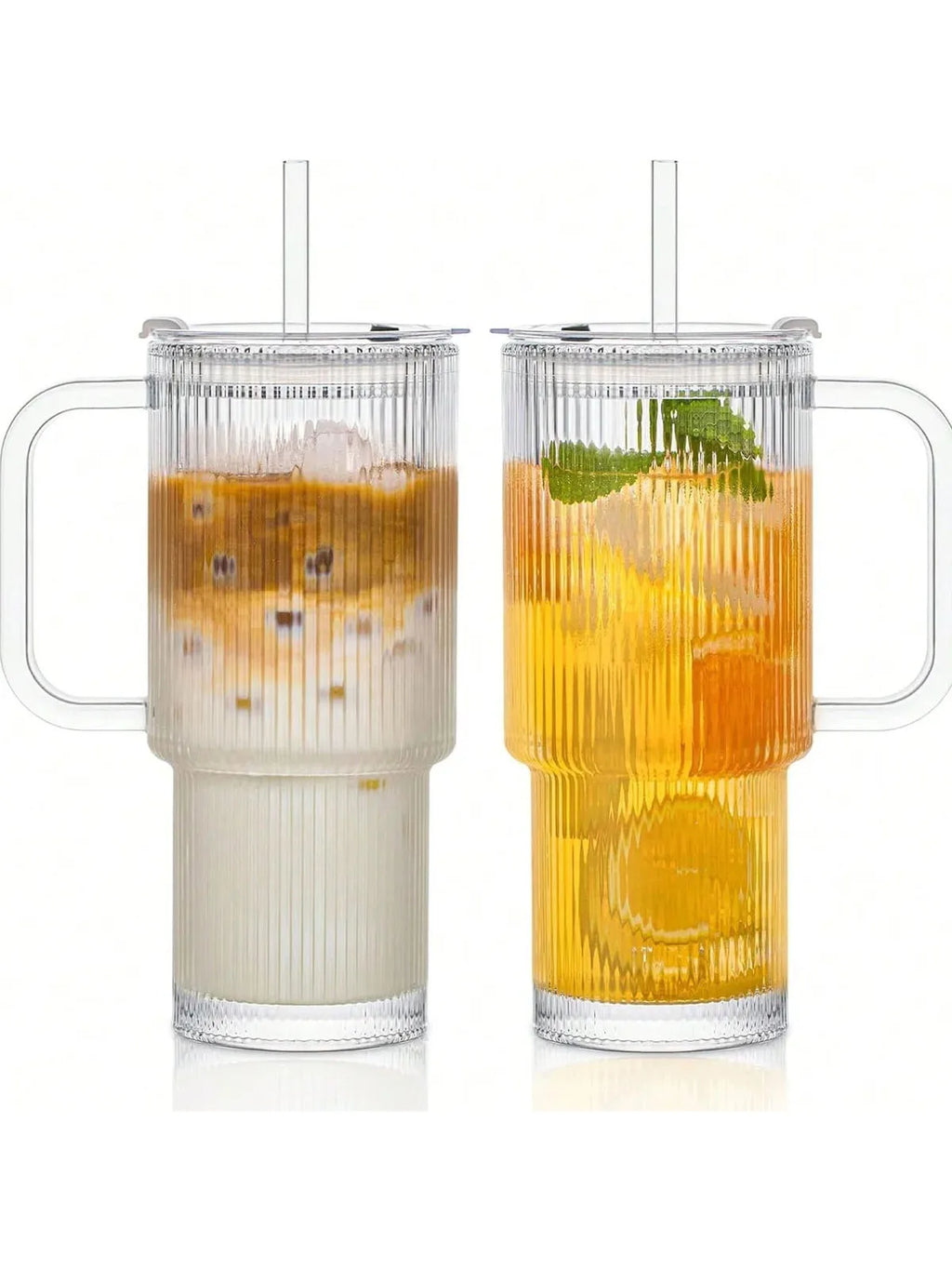 Ribbed Glass Tumbler with Handle & Lid, Large Capacity Iced Coffee Cups with Straws, Glass Mugs for Hot and Cold Drinks, Reusable