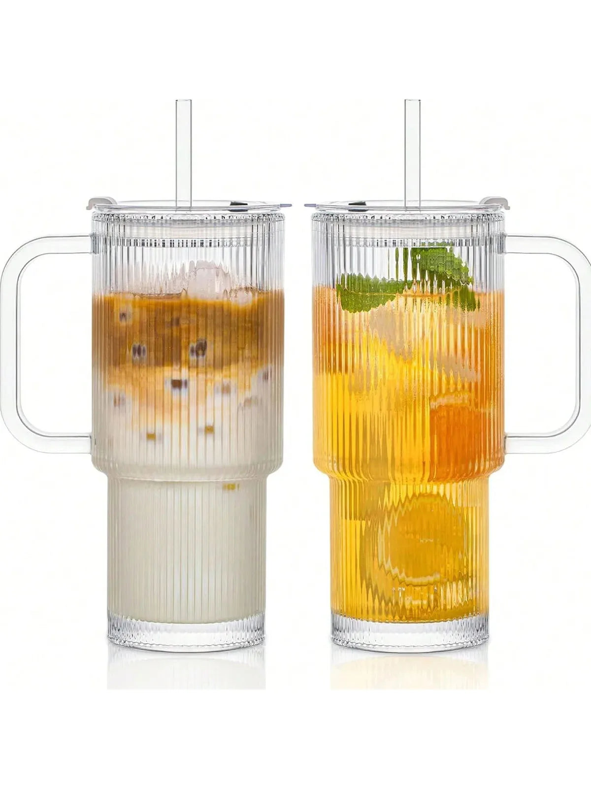 Ribbed Glass Tumbler with Handle & Lid, Large Capacity Iced Coffee Cups with Straws, Glass Mugs for Hot and Cold Drinks, Reusable