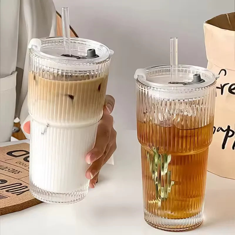 Large Capacity  Stripe Glass Coffee Cup With Lid Cover Straw Transparent Drinking Glasses For Juice Iced Coffee Mugs Drinkware