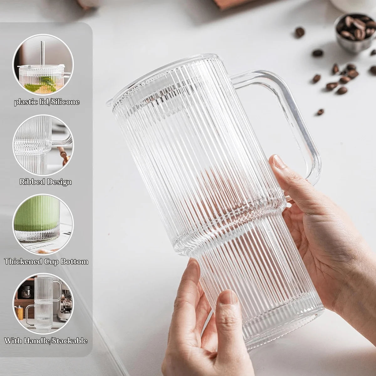 Ribbed Glass Tumbler with Handle & Lid, Large Capacity Iced Coffee Cups with Straws, Glass Mugs for Hot and Cold Drinks, Reusable