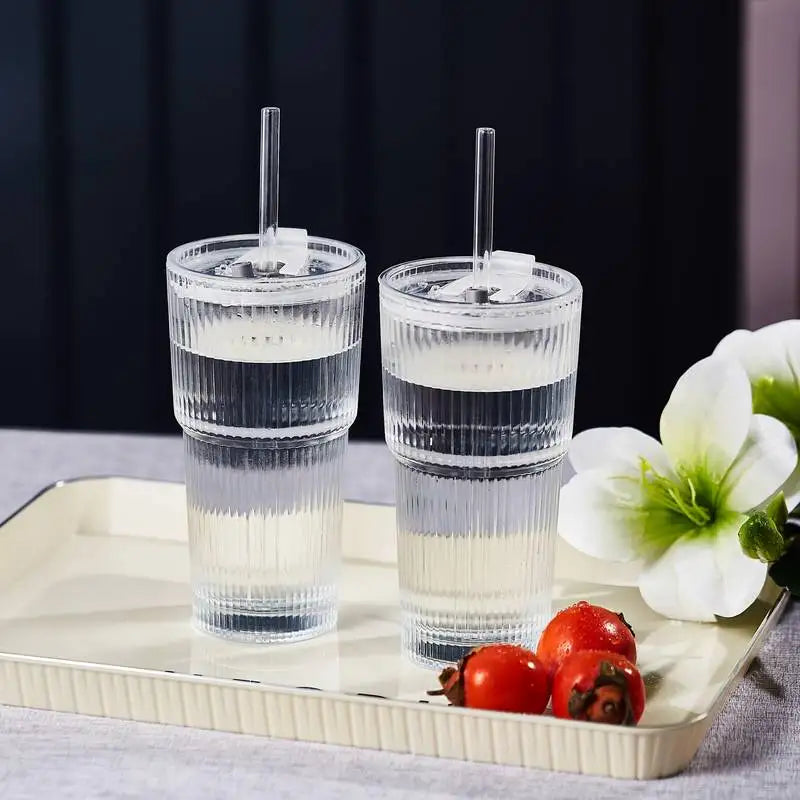 Large Capacity  Stripe Glass Coffee Cup With Lid Cover Straw Transparent Drinking Glasses For Juice Iced Coffee Mugs Drinkware