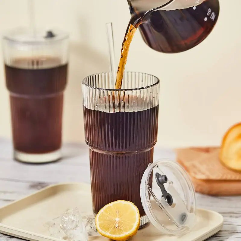 Large Capacity  Stripe Glass Coffee Cup With Lid Cover Straw Transparent Drinking Glasses For Juice Iced Coffee Mugs Drinkware
