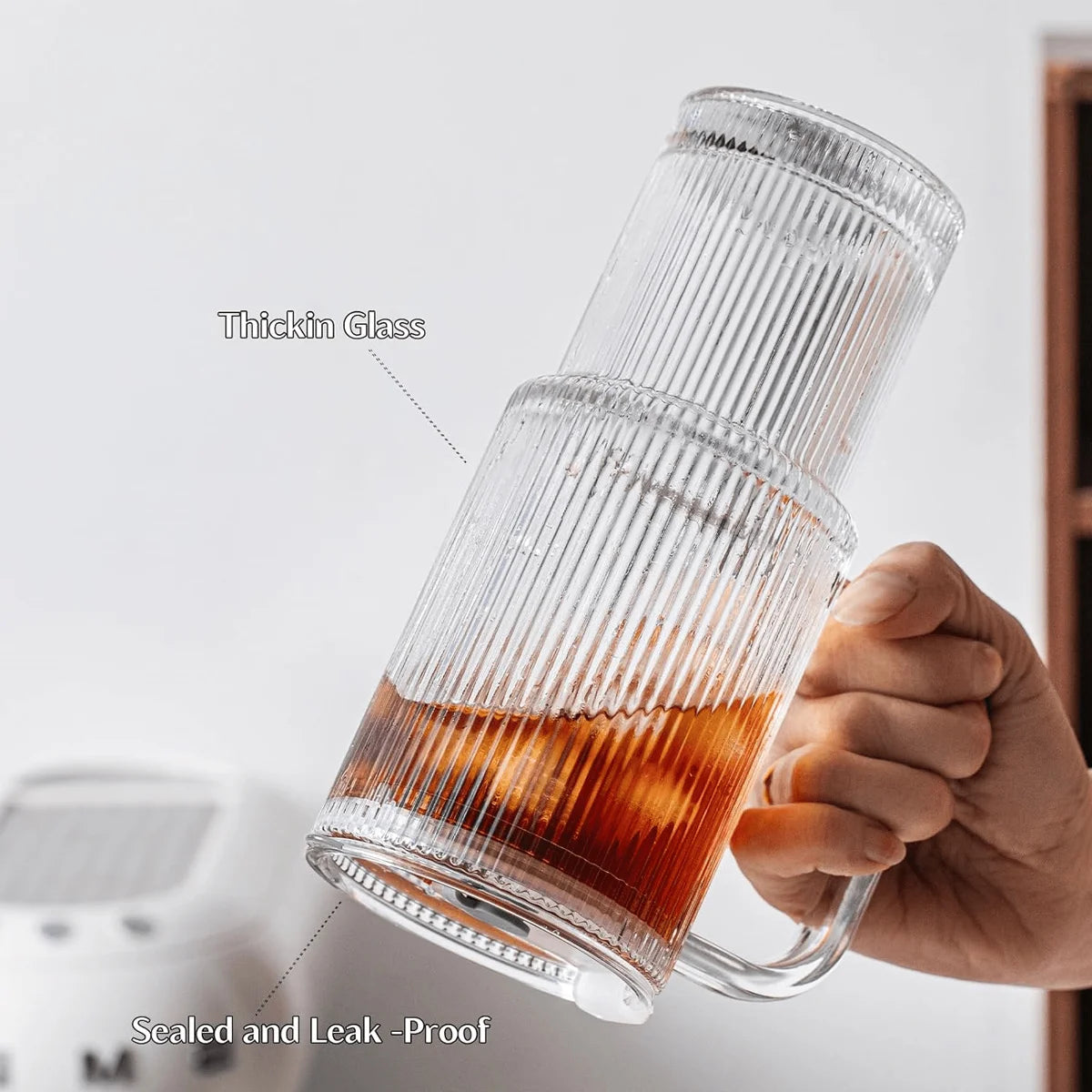 Ribbed Glass Tumbler with Handle & Lid, Large Capacity Iced Coffee Cups with Straws, Glass Mugs for Hot and Cold Drinks, Reusable