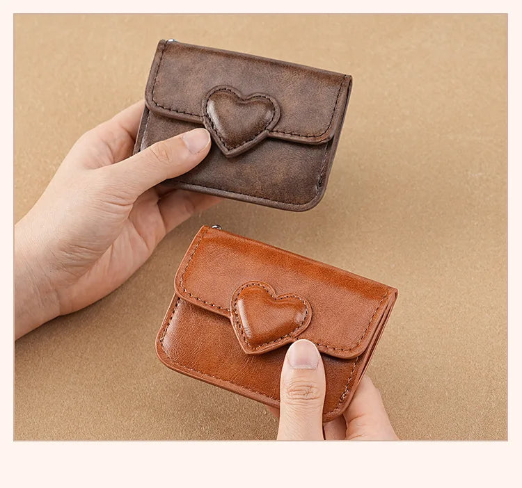 PULeather Card Holder Purse Women Cute Heart Shaped Small Wallet Multi-card Anti-magnetic Card Holder Travel Cash Coin Bag