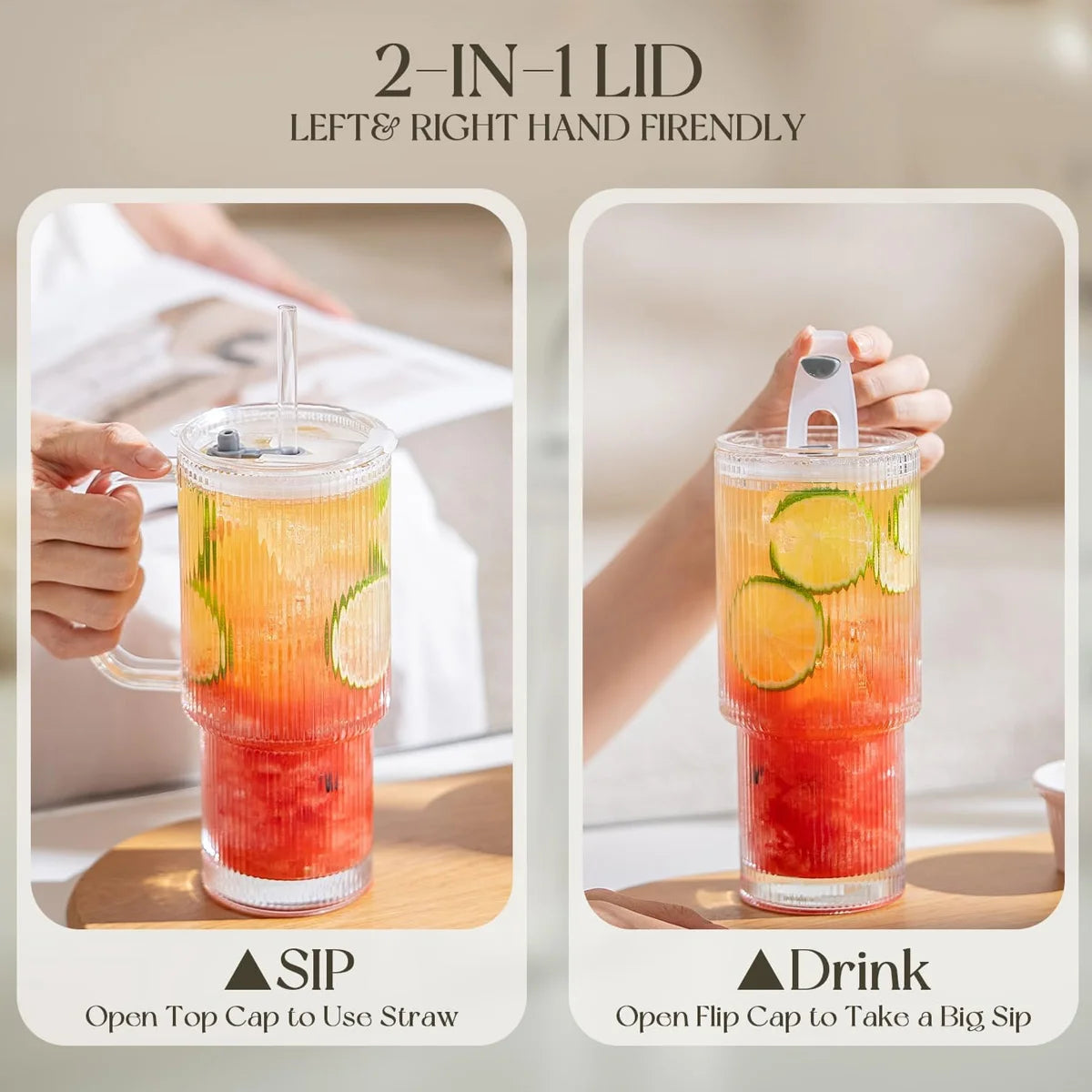 Ribbed Glass Tumbler with Handle & Lid, Large Capacity Iced Coffee Cups with Straws, Glass Mugs for Hot and Cold Drinks, Reusable