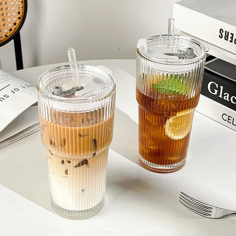 Large Capacity  Stripe Glass Coffee Cup With Lid Cover Straw Transparent Drinking Glasses For Juice Iced Coffee Mugs Drinkware
