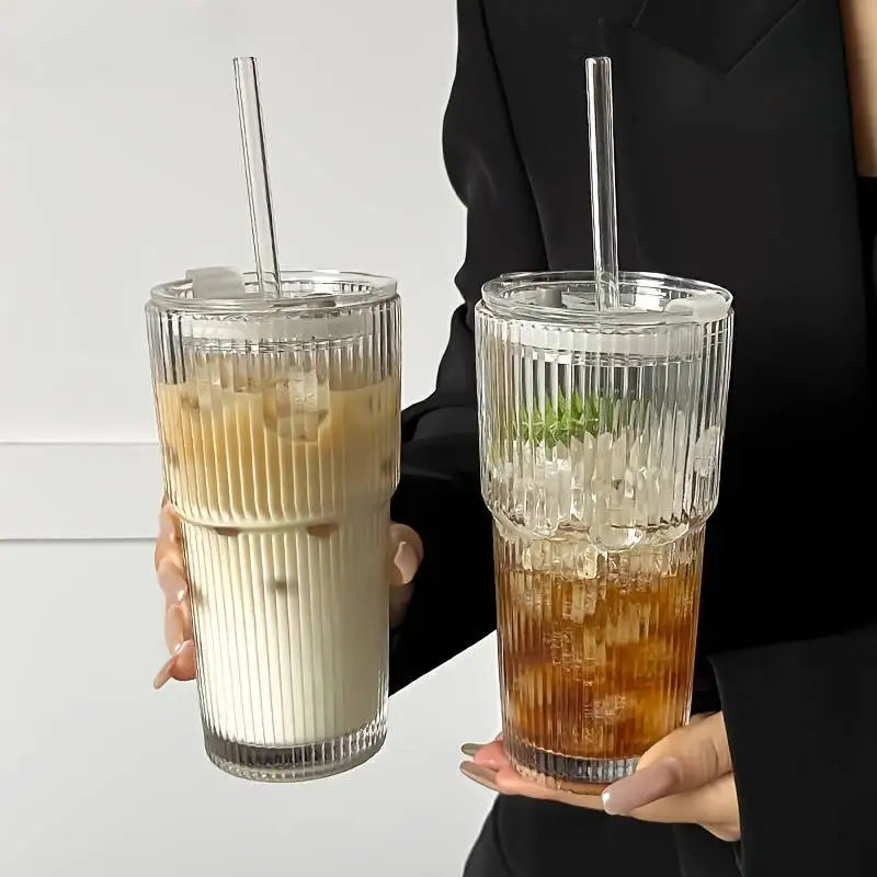 Large Capacity  Stripe Glass Coffee Cup With Lid Cover Straw Transparent Drinking Glasses For Juice Iced Coffee Mugs Drinkware