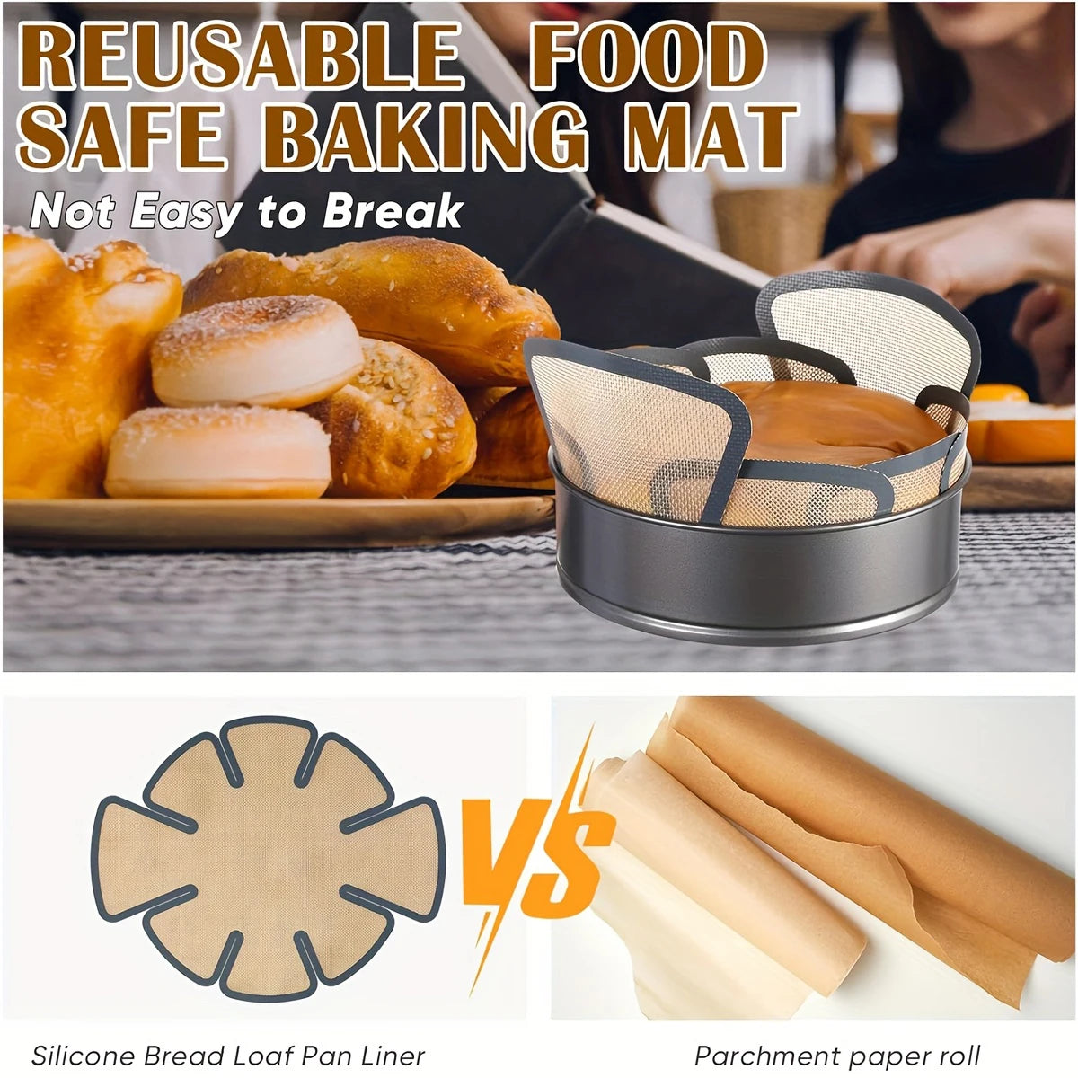1pc Silicone Bread Pan Liner for Baking, Reusable Food-Safe Bread Pan Mat with Safety Edge and Handle, Non-Stick Fits Bread Pans