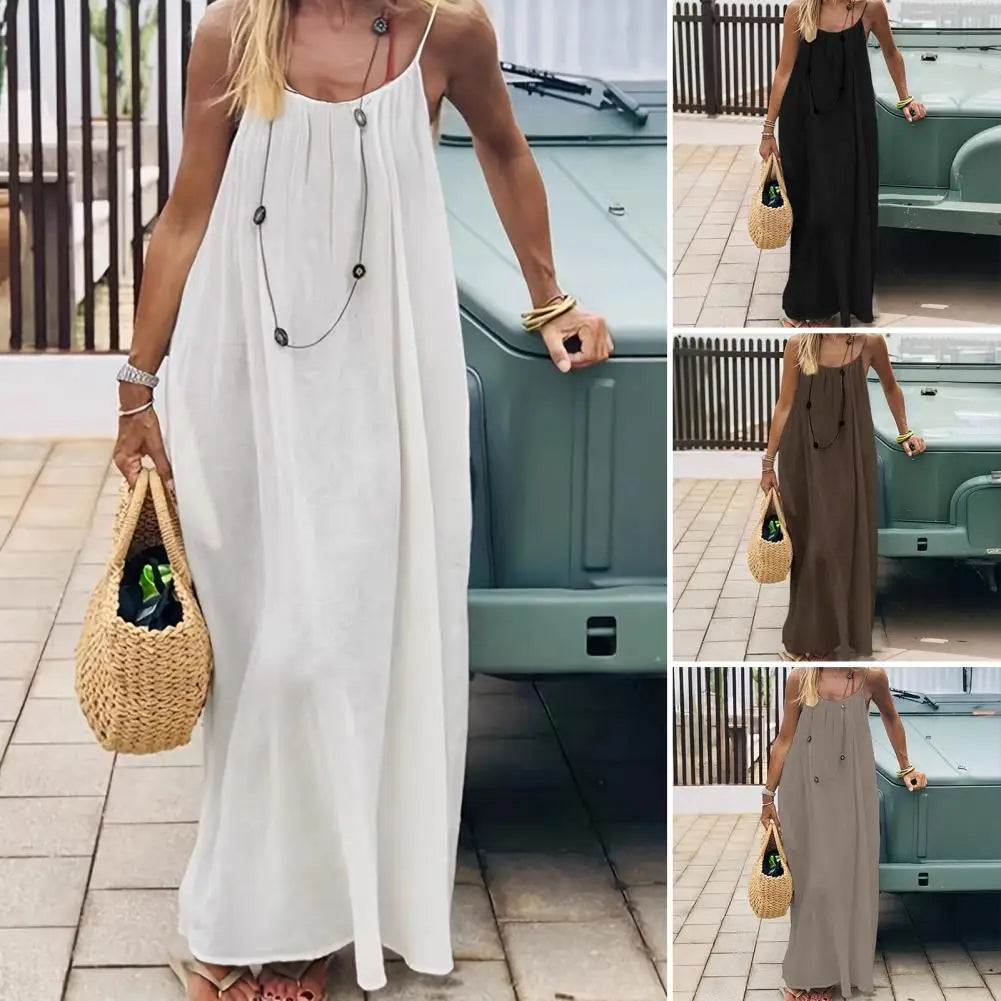 Women's Strappy Lounge Dress Open Back Maxi Length With Relaxed Fit Comfortable Home Wear Vacation Long Sundress With Back Tie