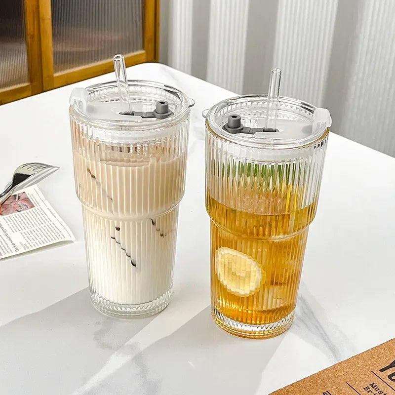 Large Capacity  Stripe Glass Coffee Cup With Lid Cover Straw Transparent Drinking Glasses For Juice Iced Coffee Mugs Drinkware