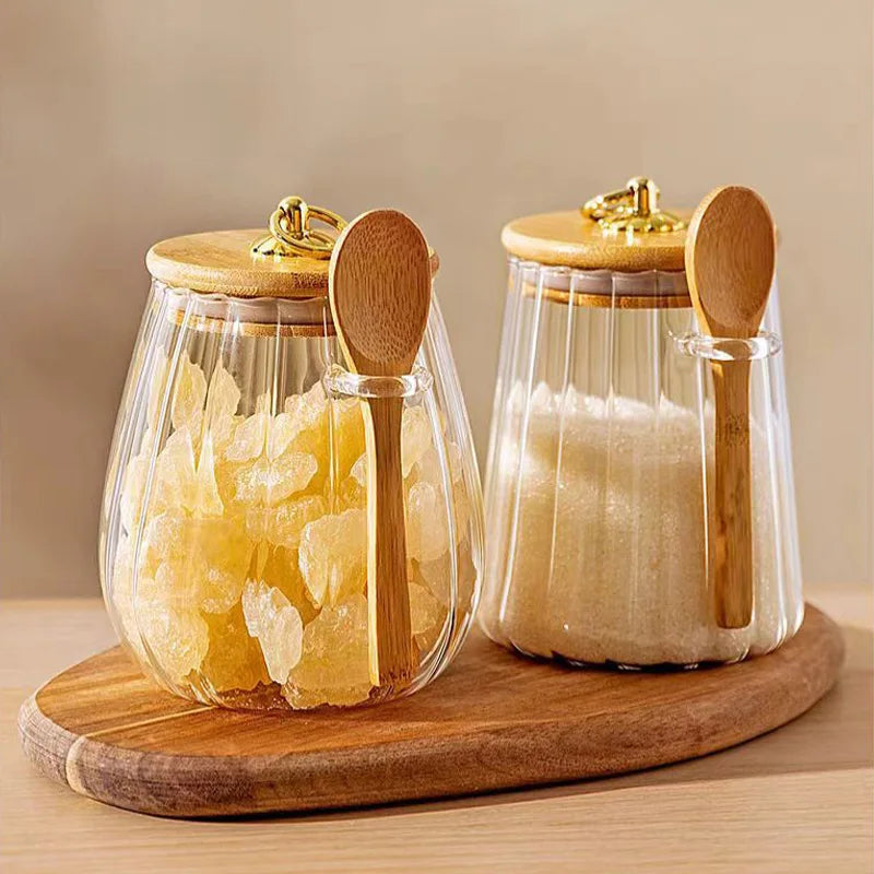 1pc Food Containers Kitchen Storage Pots Glass Jar with Lid Spoon Sealed Canister Sugar Tea Cans Hermetic Coffee Beans Bottles