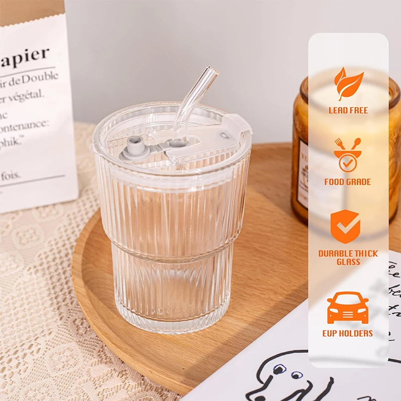 450ML Glass Cup with Lid and Straw Transparent Leakproof Coffee Mug High Temperature Resistant Tea Cup Water Bottle Drinkware