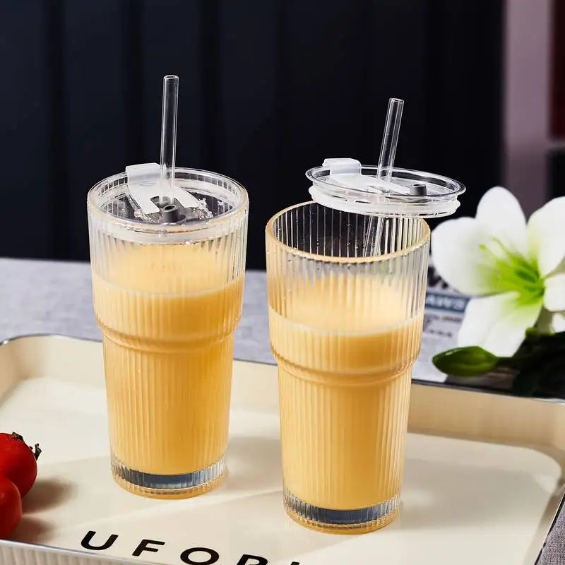 Large Capacity  Stripe Glass Coffee Cup With Lid Cover Straw Transparent Drinking Glasses For Juice Iced Coffee Mugs Drinkware