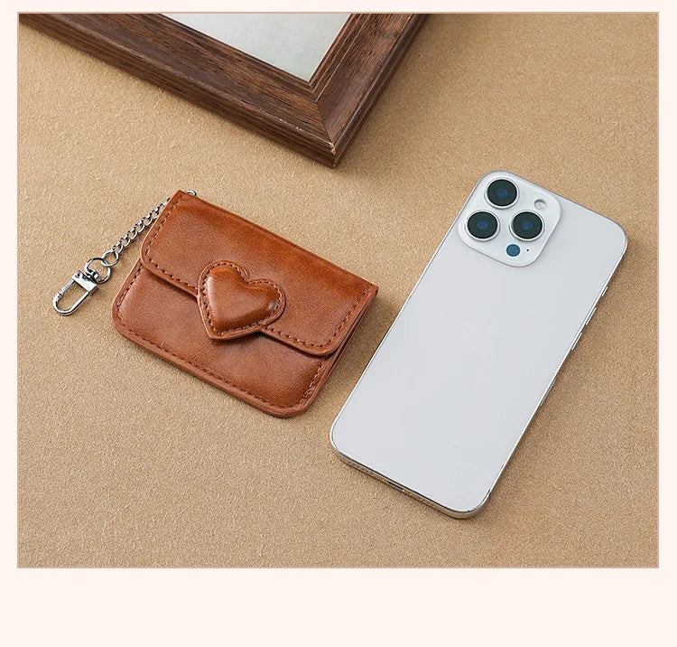 PULeather Card Holder Purse Women Cute Heart Shaped Small Wallet Multi-card Anti-magnetic Card Holder Travel Cash Coin Bag