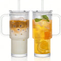 Ribbed Glass Tumbler with Handle & Lid, Large Capacity Iced Coffee Cups with Straws, Glass Mugs for Hot and Cold Drinks, Reusable