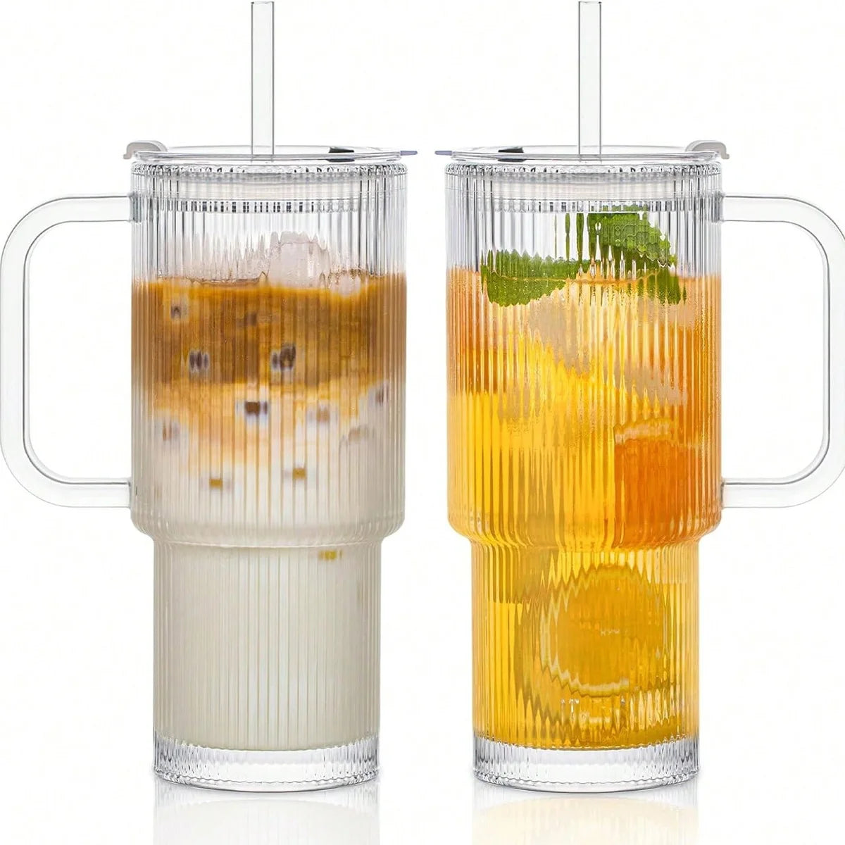 Ribbed Glass Tumbler with Handle & Lid, Large Capacity Iced Coffee Cups with Straws, Glass Mugs for Hot and Cold Drinks, Reusable