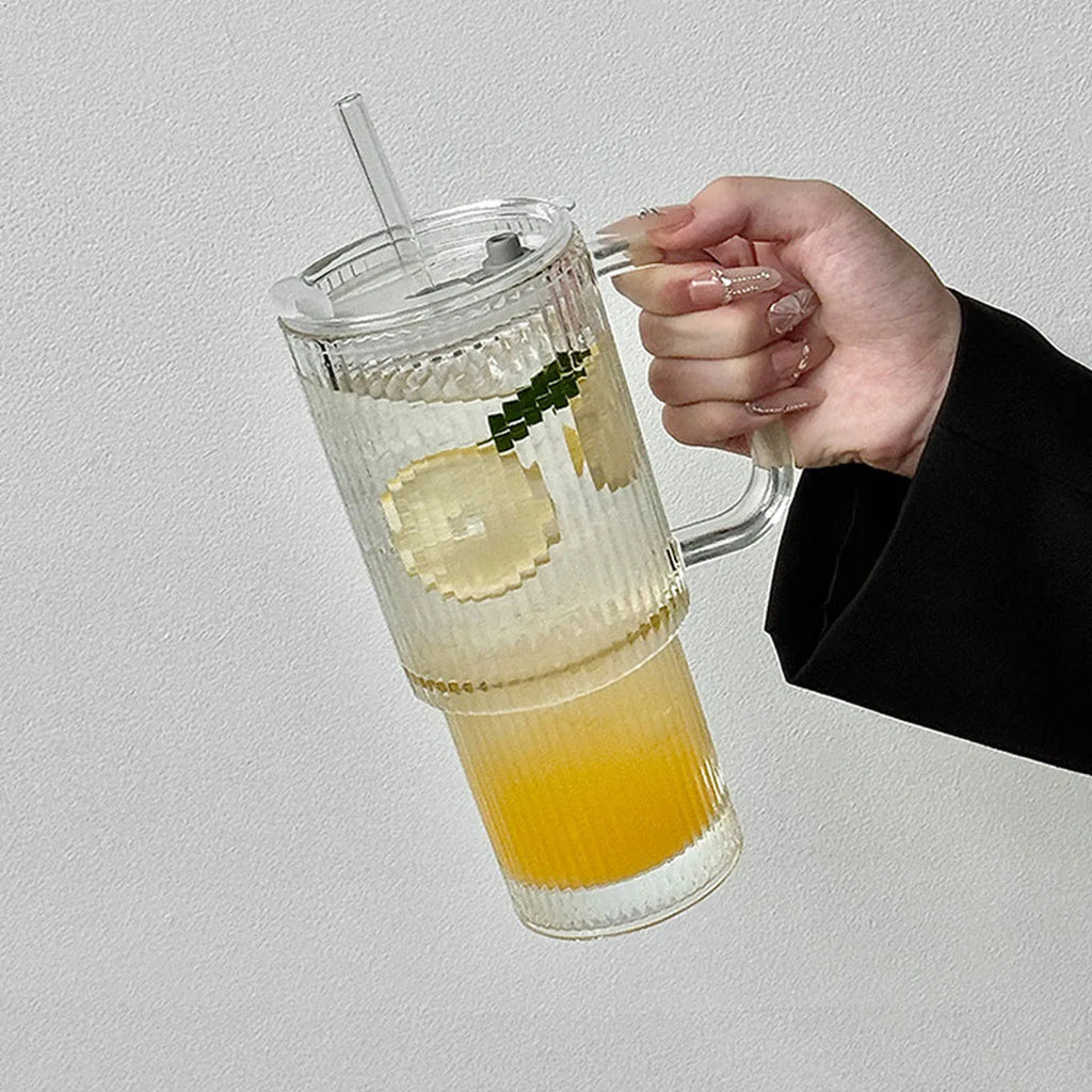 Ribbed Glass Tumbler with Handle & Lid, Large Capacity Iced Coffee Cups with Straws, Glass Mugs for Hot and Cold Drinks, Reusable