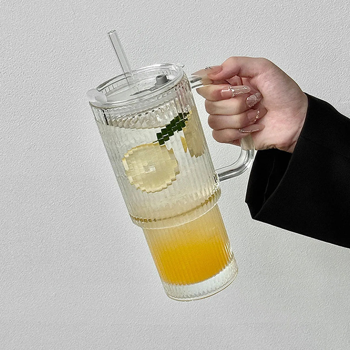 Ribbed Glass Tumbler with Handle & Lid, Large Capacity Iced Coffee Cups with Straws, Glass Mugs for Hot and Cold Drinks, Reusable