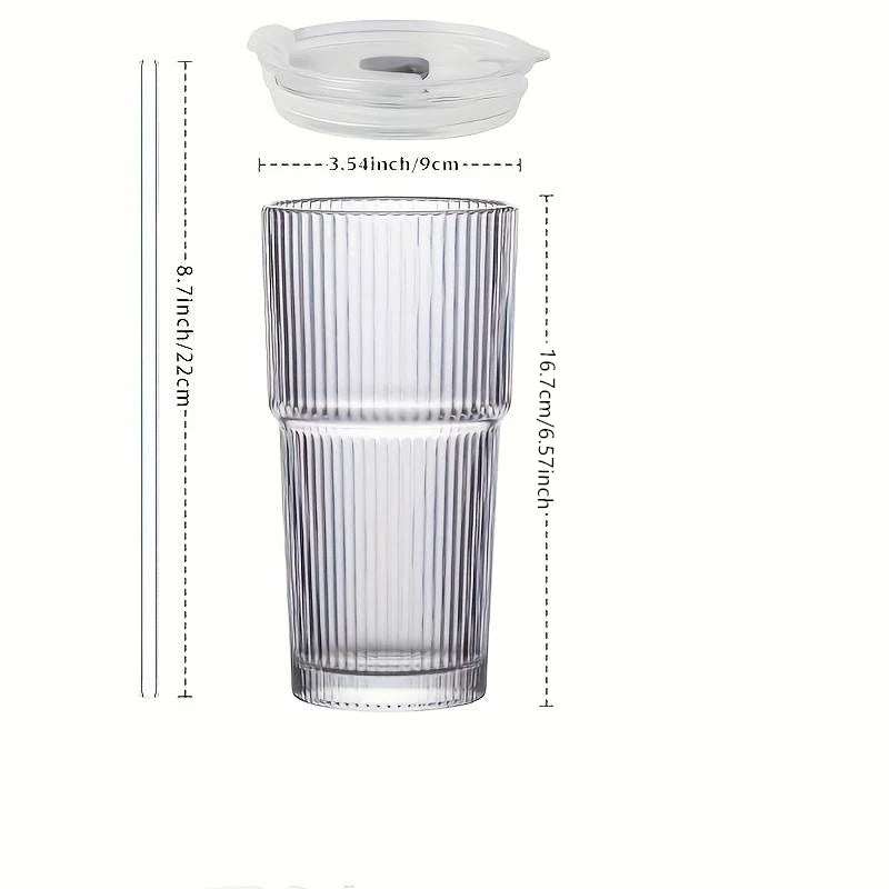 Large Capacity  Stripe Glass Coffee Cup With Lid Cover Straw Transparent Drinking Glasses For Juice Iced Coffee Mugs Drinkware