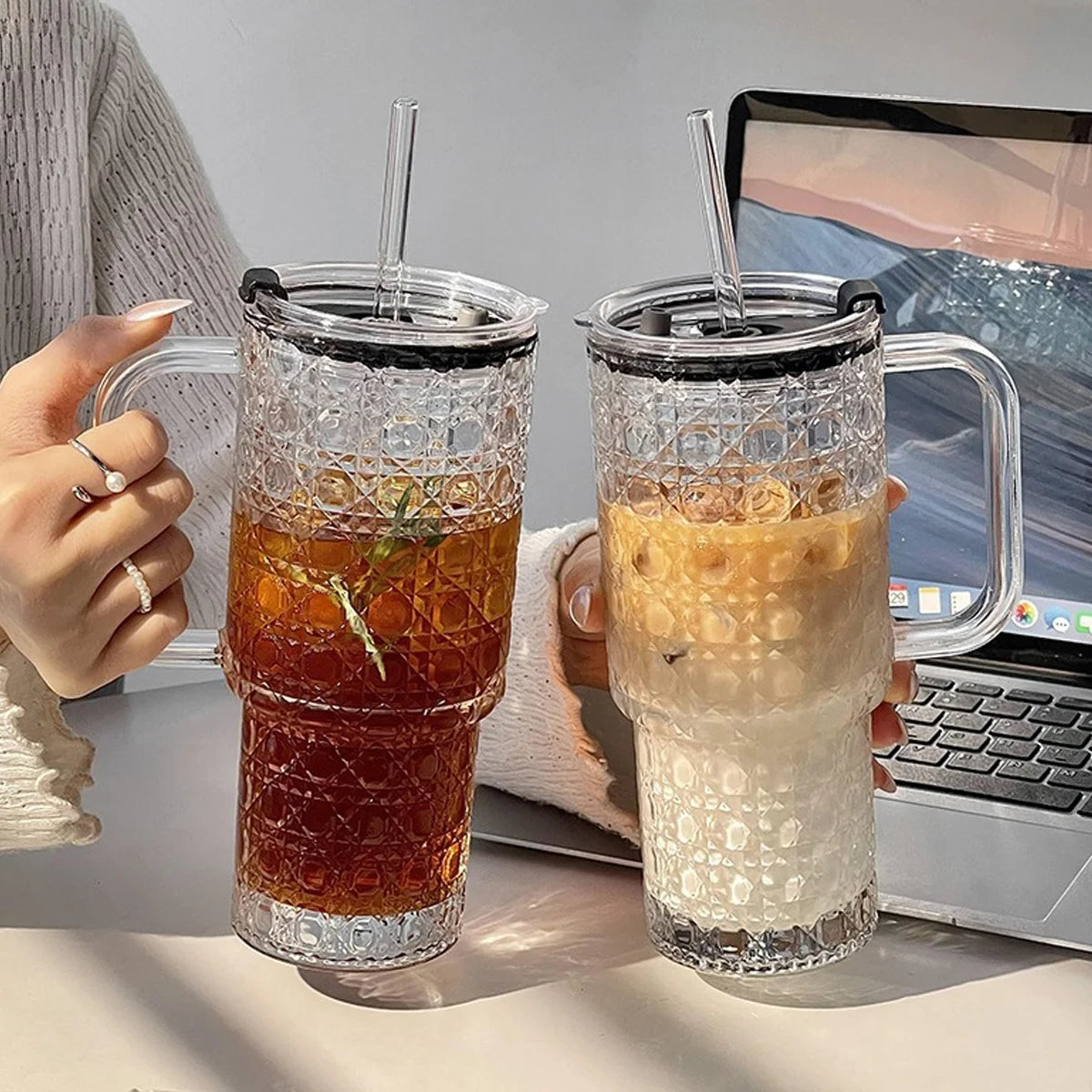 Ribbed Glass Tumbler with Handle & Lid, Large Capacity Iced Coffee Cups with Straws, Glass Mugs for Hot and Cold Drinks, Reusable