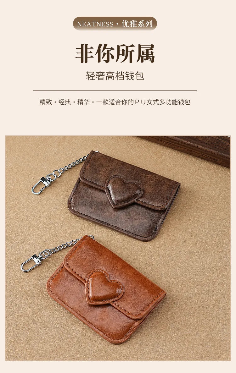 PULeather Card Holder Purse Women Cute Heart Shaped Small Wallet Multi-card Anti-magnetic Card Holder Travel Cash Coin Bag