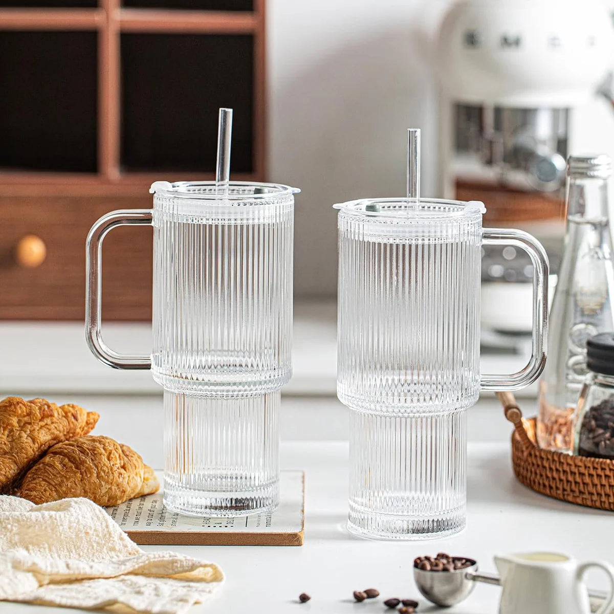 Ribbed Glass Tumbler with Handle & Lid, Large Capacity Iced Coffee Cups with Straws, Glass Mugs for Hot and Cold Drinks, Reusable