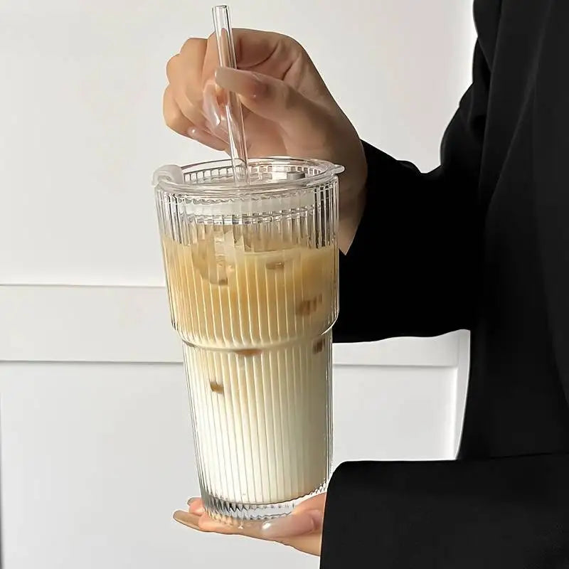 Large Capacity  Stripe Glass Coffee Cup With Lid Cover Straw Transparent Drinking Glasses For Juice Iced Coffee Mugs Drinkware