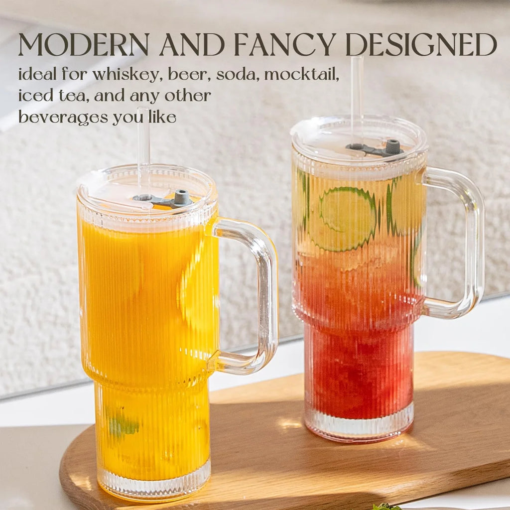 Ribbed Glass Tumbler with Handle & Lid, Large Capacity Iced Coffee Cups with Straws, Glass Mugs for Hot and Cold Drinks, Reusable