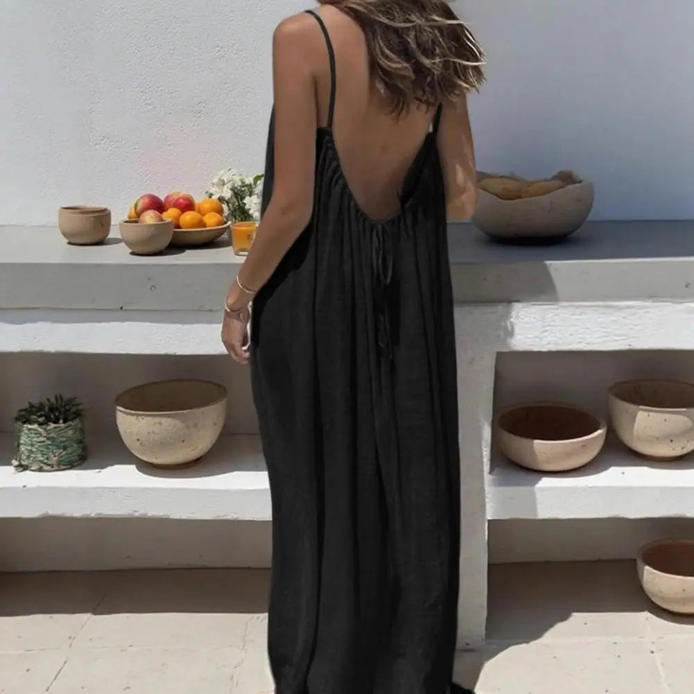Women's Strappy Lounge Dress Open Back Maxi Length With Relaxed Fit Comfortable Home Wear Vacation Long Sundress With Back Tie